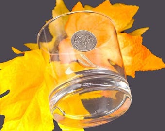 Bacardi Bat lo-ball, whisky, on-the-rocks, old fashioned glass. Pewter Bacardi Bat logo applique.