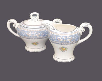 Vintage Myott Medici Sky Blue creamer and covered sugar bowl set: England. Dragons, fruit.