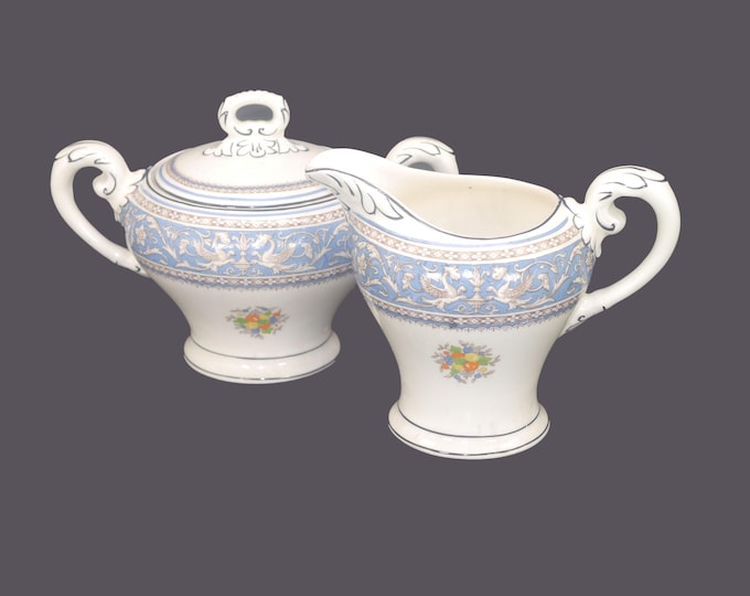 Vintage Myott Medici Sky Blue creamer and covered sugar bowl set: England. Dragons, fruit.