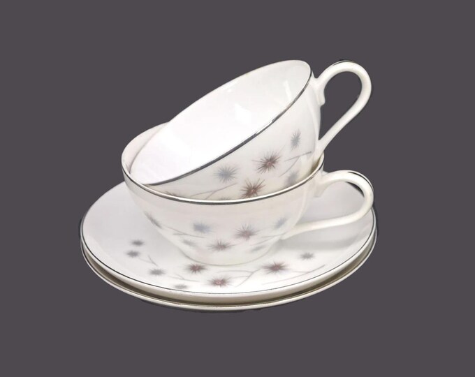 Pair of Creative Platinum Star Burst Atomic-age style cup and saucer sets made in Japan.