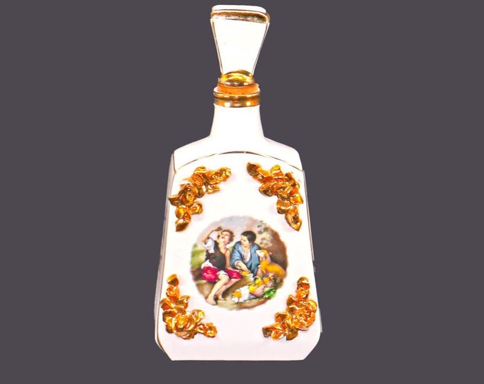 Portugal Imports ormolu embellished port or sherry decanter. Hand-painted boys, fruit. Gift for him. Gift for dad.