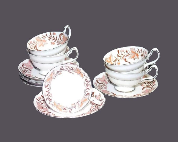 Five Grosvenor Bone China Rhapsody cup and saucer sets made in England.