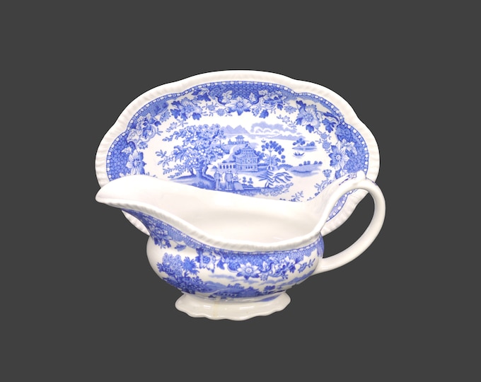 Wood & Sons Seaforth Blue gravy boat with under-plate. Blue-and-white tableware made in England.