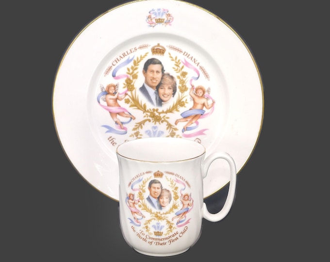 Duchess Bone China Prince Charles Lady Diana Birth of Prince William 1982 mug and plate set made in England.