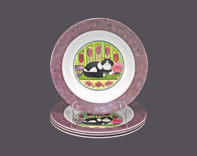 Four Melaware Fat Cat rimmed soup bowls. Spoiled fat cat in center, mottled purple-gray rim.