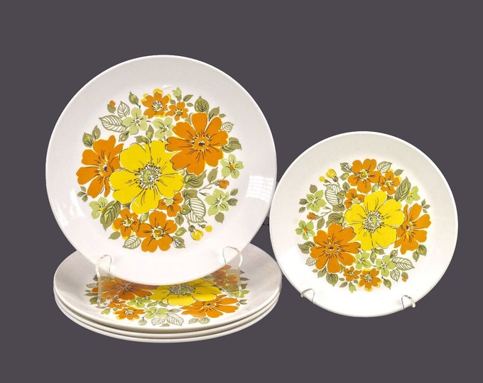 Five Johnson Brothers Westdale plates. Four salad plates, one bread plate. Retro flower power tableware made in England.