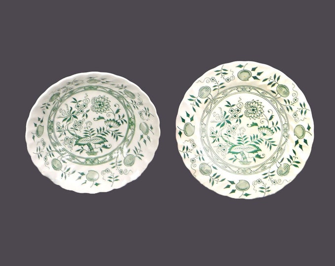 Wood & Sons Old Vienna Green | Green Onion tableware. One dessert plate, one coupe cereal bowl. Made in England. Flaws (see below).
