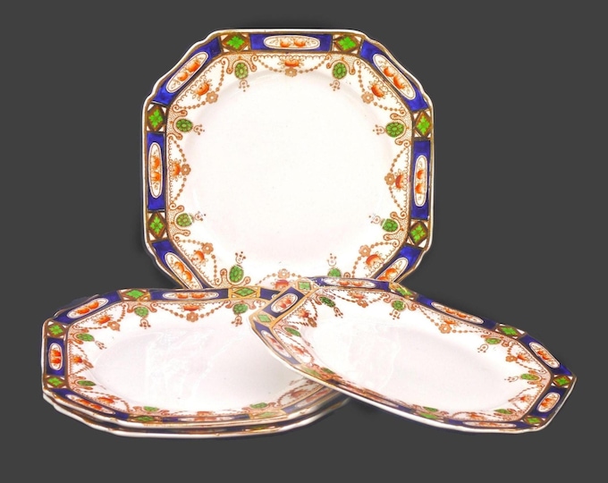 Four antique Thomas Hughes & Son Imperial Derby square Imari salad plates. Imari-style tableware made in England. Flaws (see below).