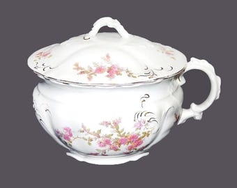 Antique art-nouveau period Johnson Brothers covered, handled chamber pot | toilet bed | commode. Pink floral sprays. Made in England.