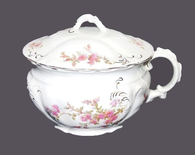 Antique art-nouveau period Johnson Brothers covered, handled chamber pot | toilet bed | commode. Pink floral sprays. Made in England.