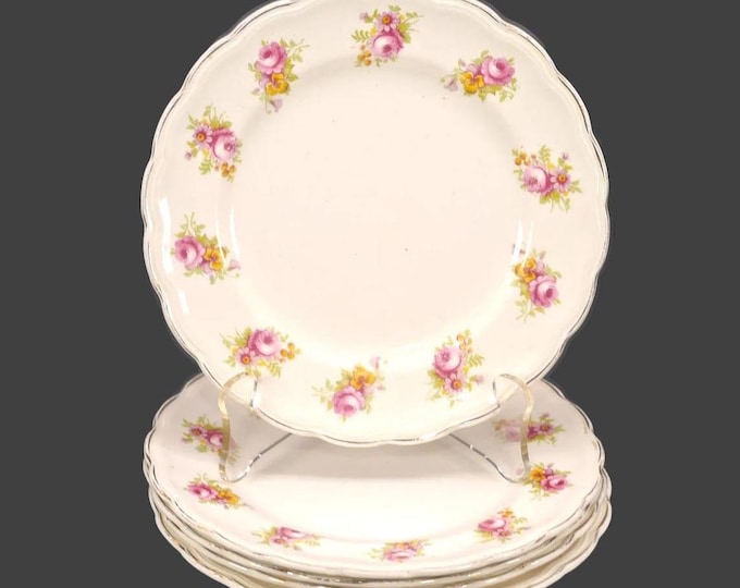 Five Wood & Sons bread, dessert plates. Woods Ivory Ware made in England. Pink roses, yellow flowers.