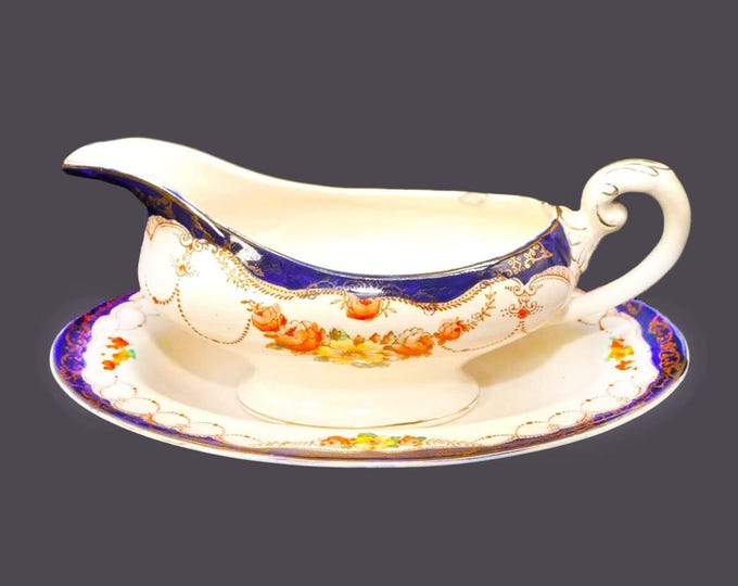 Myott Rosemary cobalt and gold gravy boat with under-plate made in England. Flaws (see below).