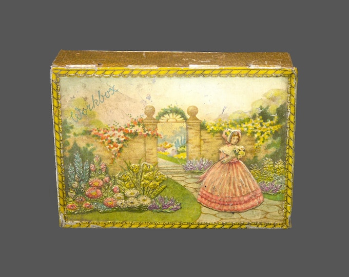 Antique Edwardian Age Geo. Basset & Co. Ltd. Manufacturing Confectioners workbox tin. Crinoline lady, cottage garden. Made in England.
