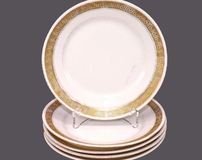 Five antique Royal Bayreuth ROB444 gold-encrusted Greek Key bread plates made in Bavaria. Flaws (see below).