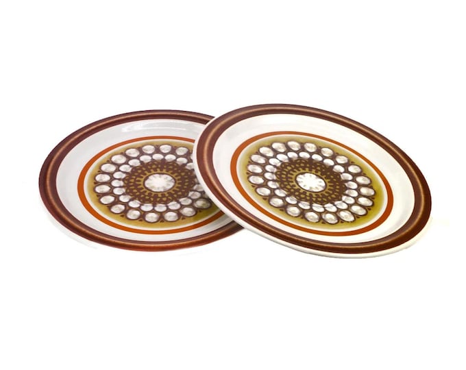 Vintage Baycrest Pamona Stoneware Dinner Plates: Brown Geometric, Made in Japan. 2 plates.