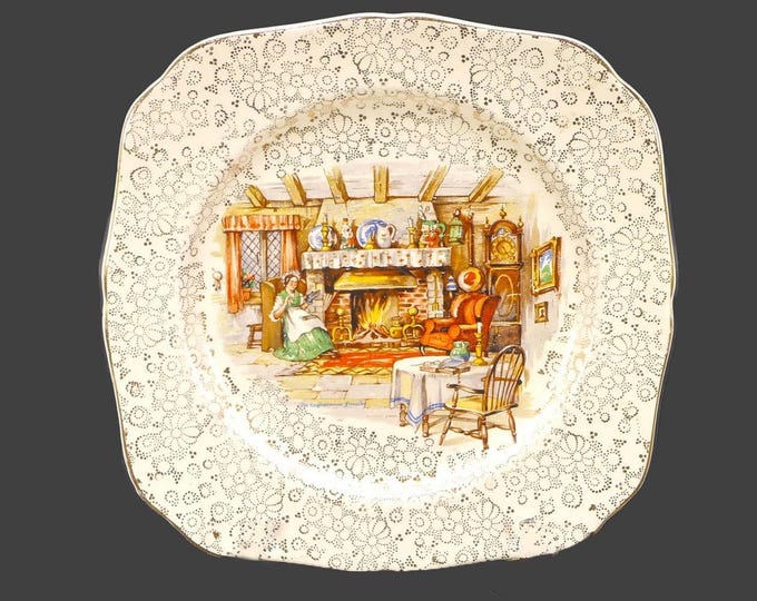 Hollinshead Kirkham | HK Tunstall The Englishman's Fireside gold chintz square snack plate made in England. Flaws (see below).
