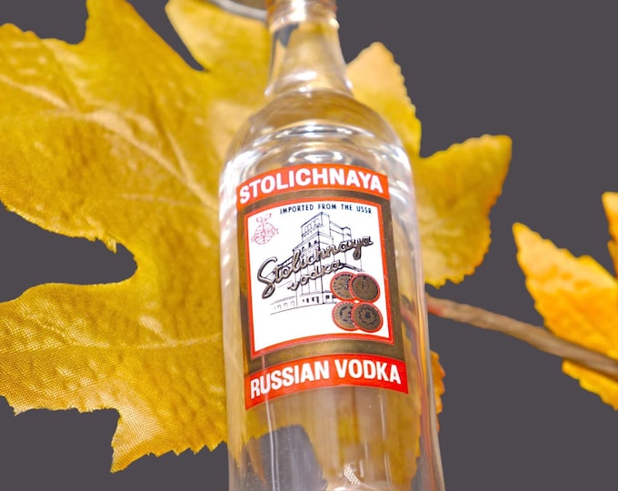 Stolichnaya Russian Vodka stemmed 4cl single shooter | shot glass. Etched-glass branding.