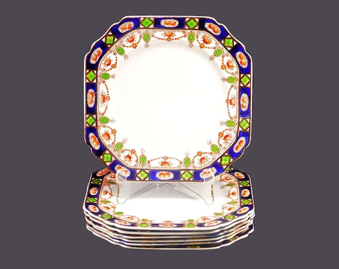 Seven antique Edwardian Age Thomas Hughes & Son Imperial Derby square luncheon plates. Imari tableware made in England.