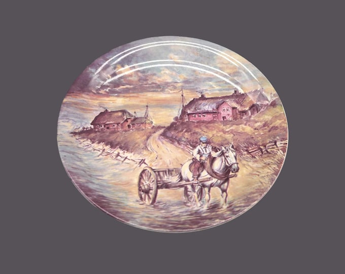 Royal Staffordshire plate featuring a horse and cart country scene in hay season with a gold edge. Made in England.