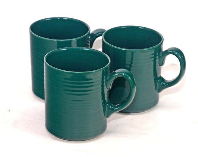 Three Signature Housewares Carnivale Dark Green stoneware coffee or tea mugs made in Japan.
