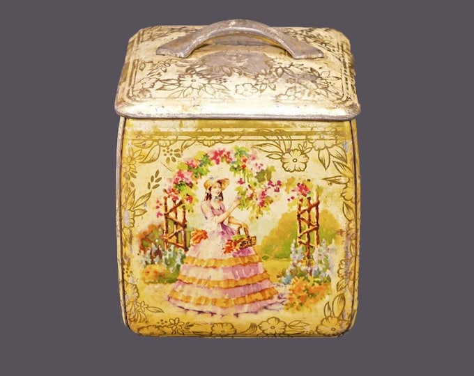 Antique BW&M Ltd. | The Metal Box Company Crinoline Lady decorative metal tin with removable lid.