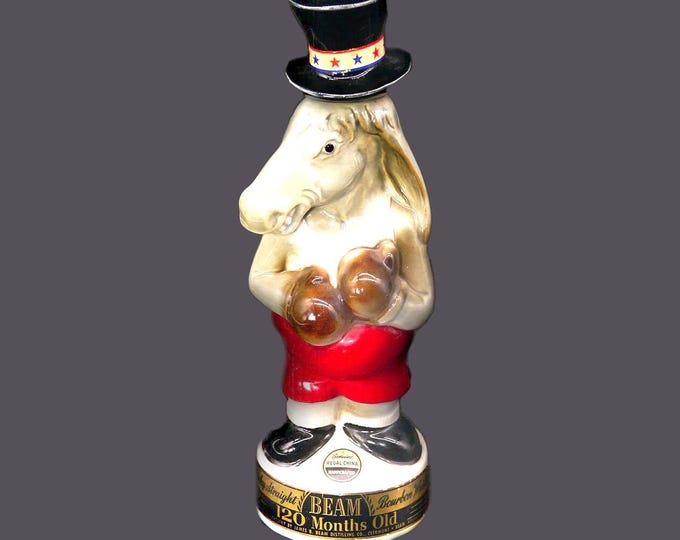 Jim Beam Bourbon Democratic Boxing Donkey decanter with top-hat cap. Made in USA by Regal China. Flaws (see below).