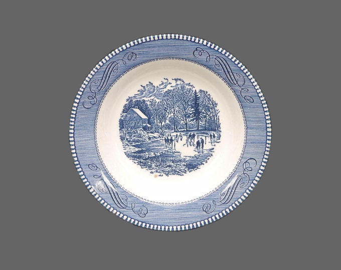 Royal China Currier & Ives Blue Early Winter rimmed soup bowl made in USA. Flaws (see below).