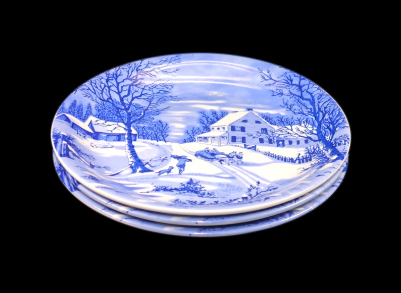 Three Currier & Ives Blueandwhite Christmas Salad Plates. Etsy Canada