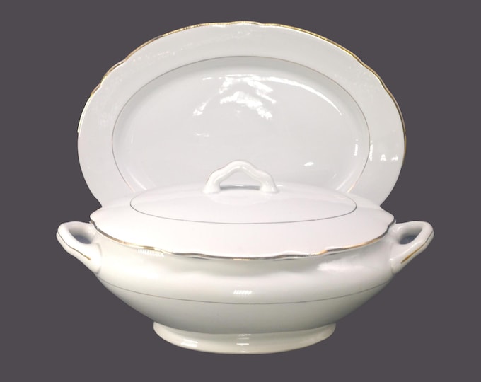 Antique Richard Ginori classic white and gold serving bowl with under-plate | platter made in Italy.