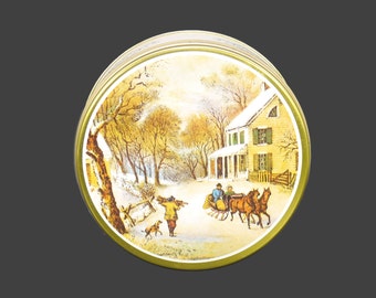 Currier & Ives American Homestead Winter round cookie or biscuit tin.