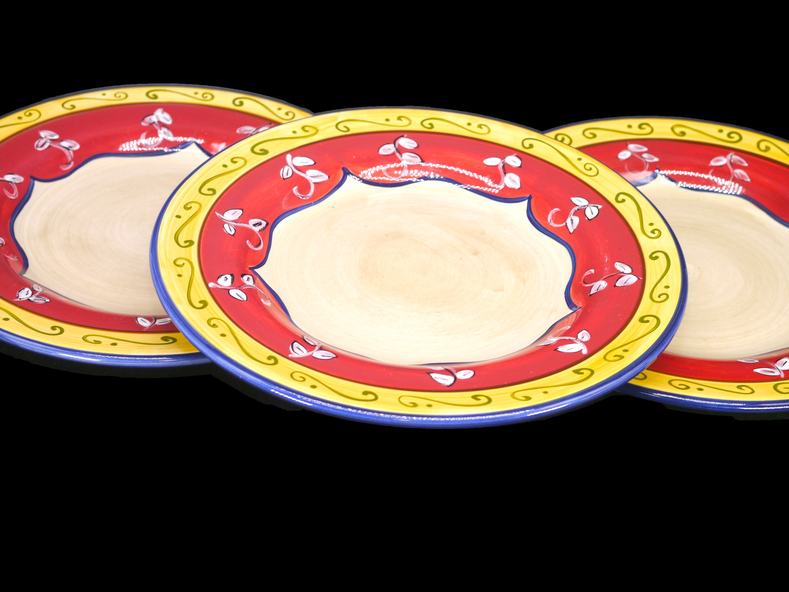 Three Pier 1 Vallarta large, handpainted dinner plates. Flaw (see below).