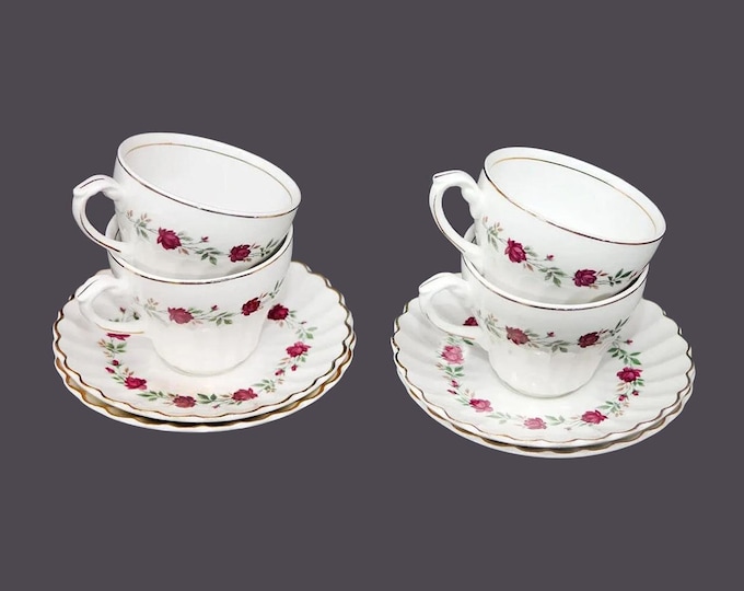 Four J&G Meakin Rose Marie cup and saucer sets made in England. Orphaned saucers also available. Choose pieces below.