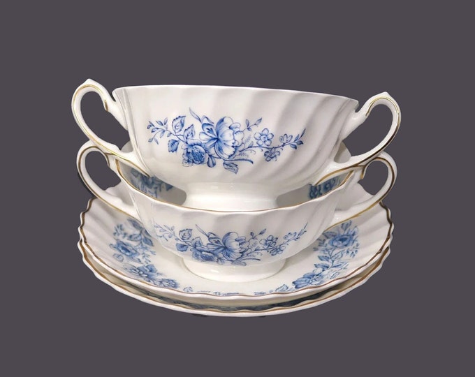 Pair of Royal Doulton Mayfair Blue H4900 cream soup sets | bouillon sets. Bone china made in England.