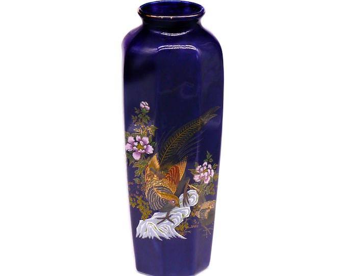 Giftcraft cobalt and blue flower vase with cloissone peafowl and florals. Gold rim.