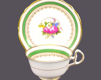 Royal Stafford Bone China Cup and Saucer Set: Floral Filigree, Green Bands