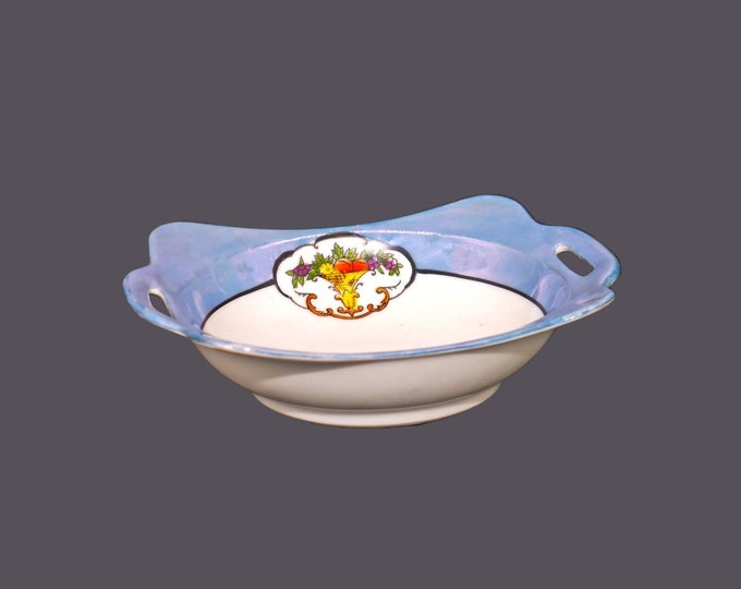 Noritake | Morimura | hand-painted Nippon trinket, nut, candy, pin dish. Cut-out handles, blue lusterware, fruit in urns.