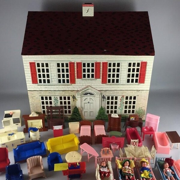 Vintage (c.1940s) Playsteel Colonial Dollhouse. Made in U.S.A. for F.W. Woolworth Co. Bonus "tons" of unique furnishings and dollies!