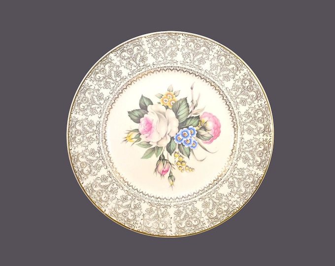 Salem China SLM8 large dinner plate. Central florals,22K gold floral filigree rim. Made in USA.