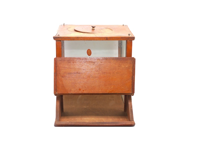 Edwardian-era wooden general store biscuit, candy, peanut dispenser from Bryan Ohio. Great kitchen storage and decor.