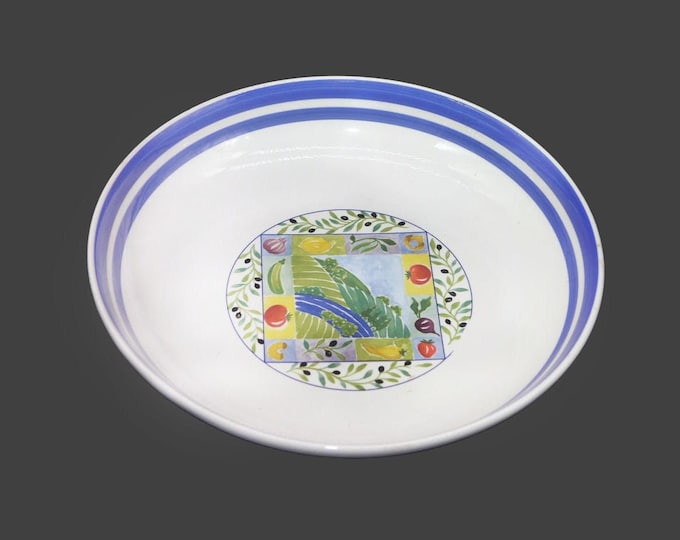 Himark large pasta or salad serving bowl. Central tomatoes and olives, blue bands. Made in Italy. Flaw (see below).