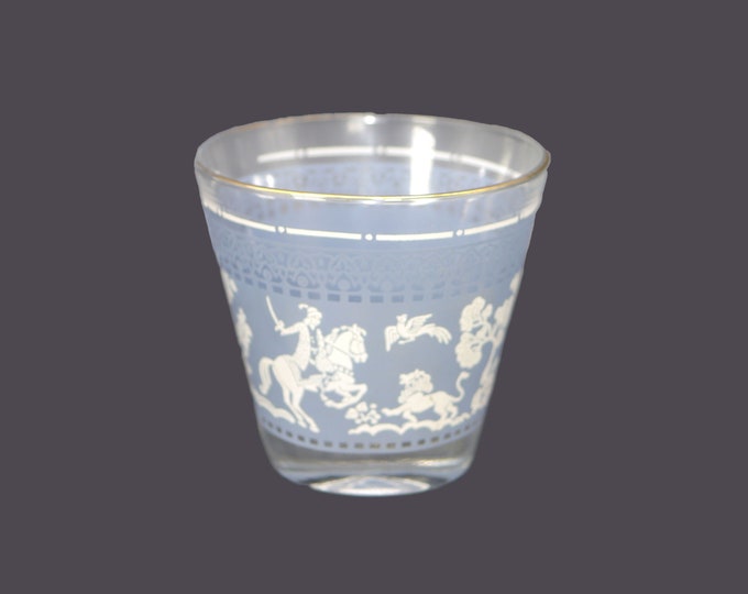 MCM Hazel Atlas Arabian Knights Wedgwood Blue etched-glass lo-ball old fashioned glass. Knights on horseback, gold rim. Sold individually.