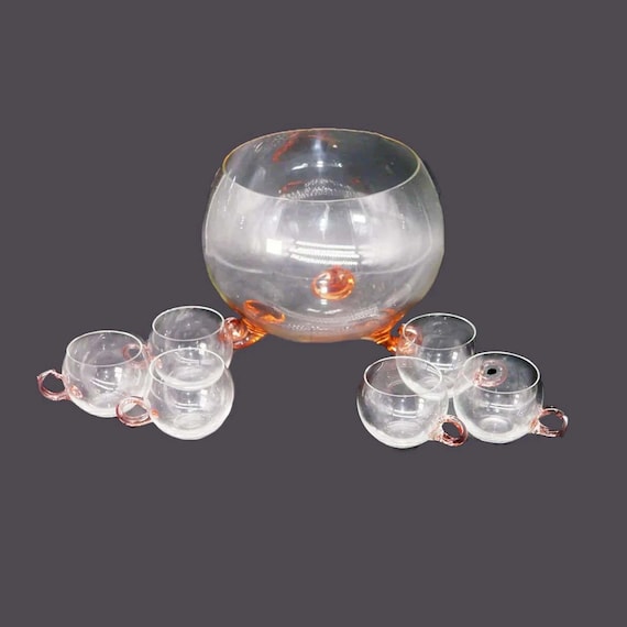 Vintage Rosa Glas Bowle Set: Muschelfüße, 6 Tassen, Sussmuth-Stil