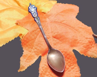 Mid-century Sterling Silver teaspoon made by Roden. Canadiana, blue maple leaves.