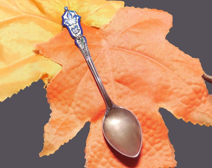 Mid-century Sterling Silver teaspoon made by Roden. Canadiana, blue maple leaves.