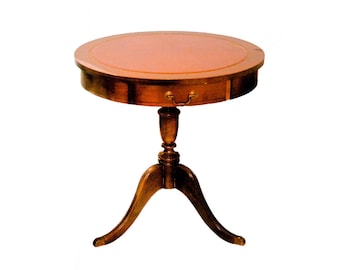 Vintage MCM Beaucraft Elmira Round End Table: Leather Top, Duncan Phyfe Feet