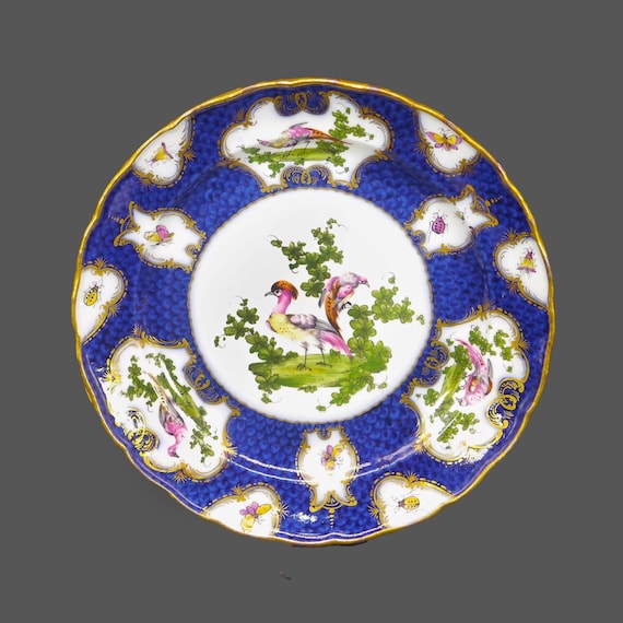 Antique Royal Worcester Chelsea Bird Plate: Regency Cobalt & Gold Garniture