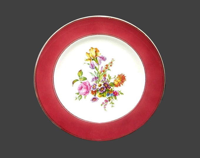Royal Winton Grimwades large hand-decorated dinner plate made in England. Maroon roses floral center.