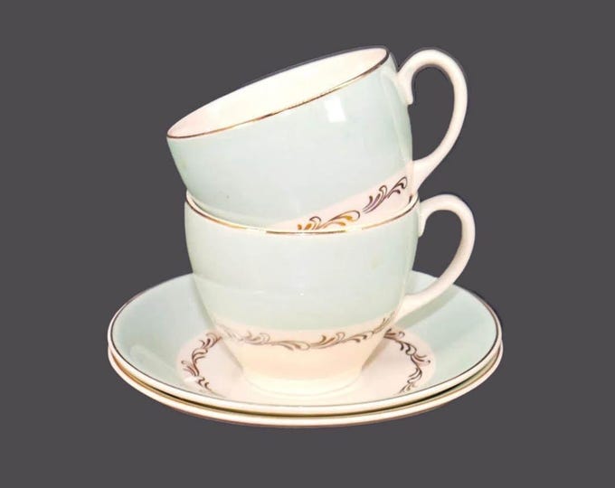 Pair of antique Edwardian Age Johnson Brothers JB917 cup and saucer sets made in England.