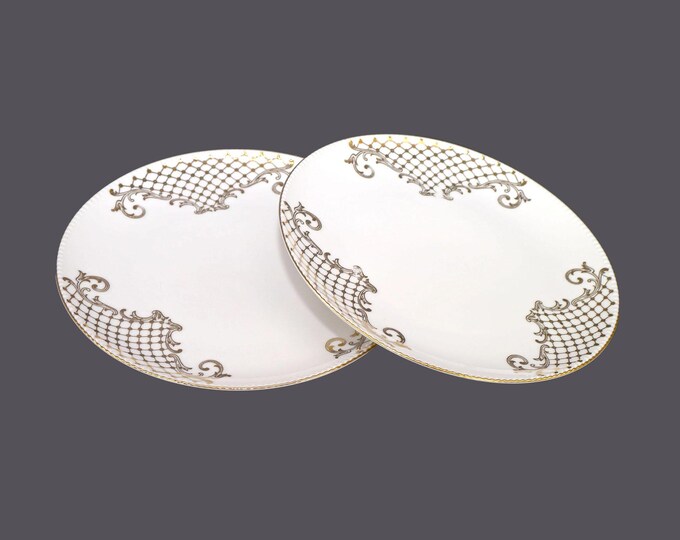Pair of Winterling Roslau salad plates. Gold lattice | gold trellis | gold baskets, bead-embossed edge.