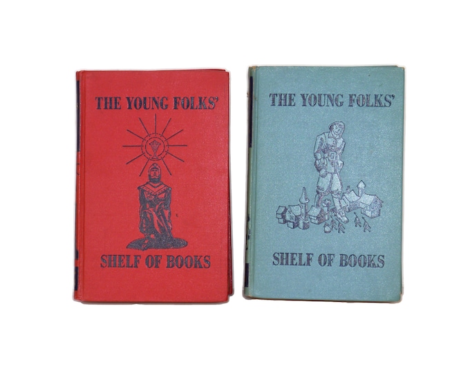 Two volumes of Young Folks Shelf of Books Junior Classics Vol 4 Hero Tales, Vol 5 Stories that Never Grow Old.